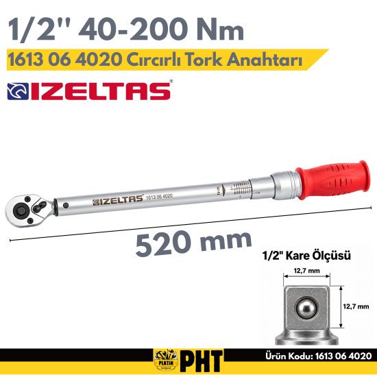 İzeltaş 1613 06 4020 Cırcırlı Tork Anahtarı 1/2 40-200 Nm