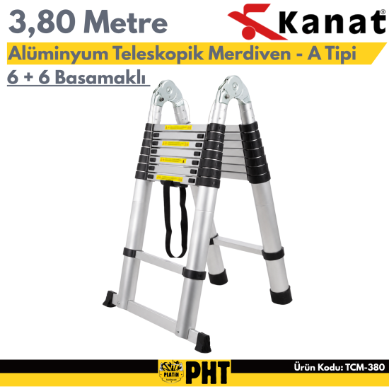 Kanat TCM-380 Alüminyum Teleskopik Merdiven 3,80 Metre 6+6 Basamaklı Çiftli A Tipi