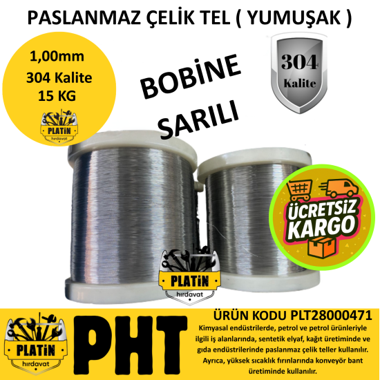 PHT 304 Kalite Paslanmaz Çelik Tel 1,00mm Bobine Sarılı ( Yumuşak Parlak ) 15 Kg PLT28000471