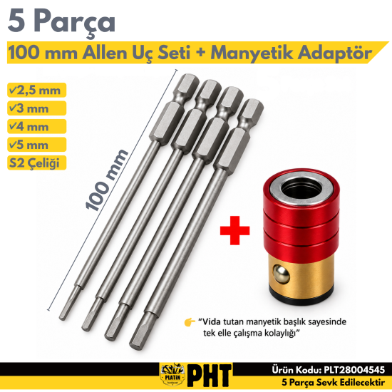 PHT Uzun Bits Allen Uç Seti + Manyetik Adaptör 2,5mm,3mm,,4mm,5mm Boy 100mm ( 5 Parça Set )
