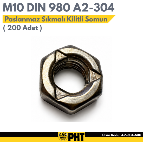 M10 DIN 980 A2-304 Paslanmaz Sıkmalı Kilitli Somun ( 200 Adet )