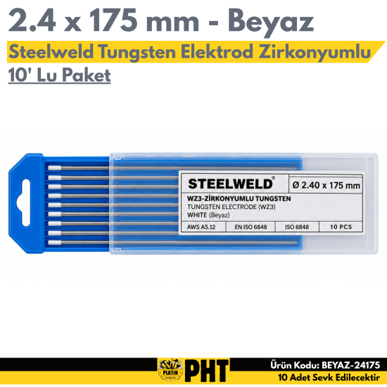 Steelweld Tungsten Elektrod Beyaz 2.4 x 175 mm WZ3-Zirkonyumlu Tungsten ( 10 Adet )