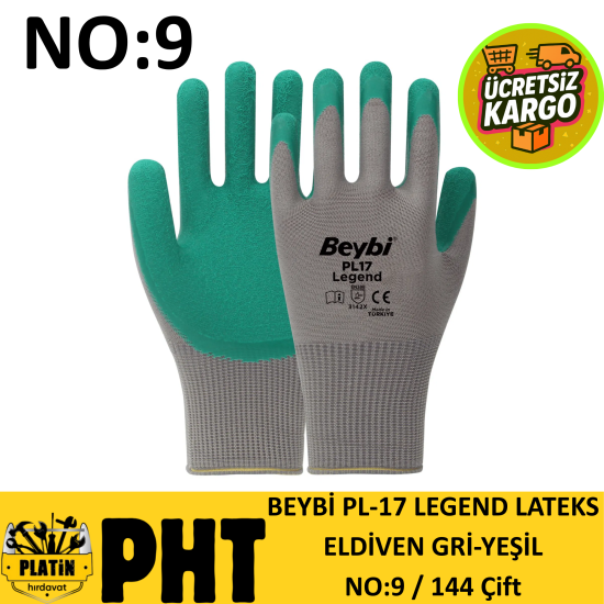Beybi Legend Lateks Eldiven No:9 ( 144 Çift ) PL-17 Gri - Yeşil 
