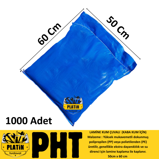 PHT Lamine Kum Çuvalı 50x60 Mavi ( 1000 Adet ) Kaba Kum İçin PLT28005060M