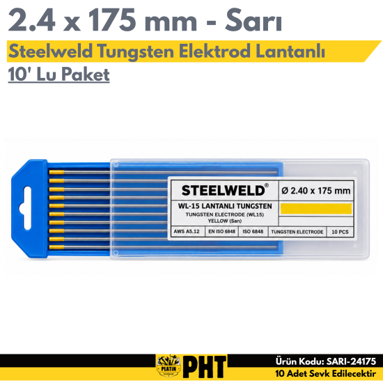 Steelweld Tungsten Elektrod Sarı 2.4 x 175 mm WL-15 Lantanlı Tungsten ( 10 Adet )