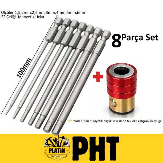 PHT Uzun Bits Allen Uç Seti + Manyetik Adaptör 1,5mm,2mm,2,5mm,3mm,4mm,5mm,6mm Boy 100mm ( 8 Parça Set )