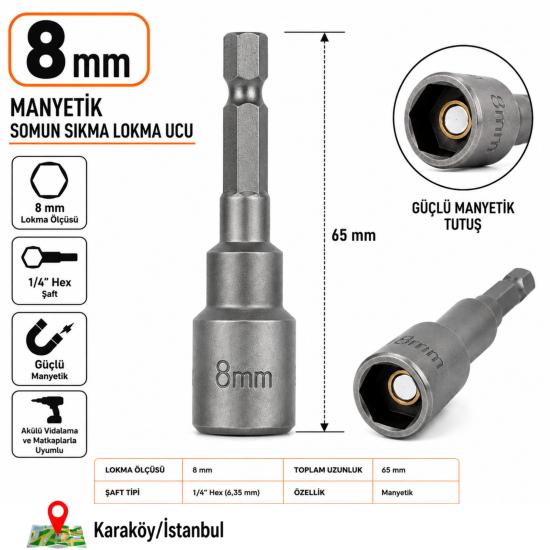 PHT 8 mm Manyetik Somun Sıkma Lokma Ucu 65 mm 1/4" Hex Şaftlı PLT28000647