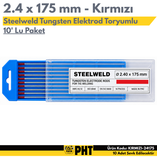 Steelweld Tungsten Elektrod Kırmızı 2.4 x 175 mm WT-20 Toryumlu ( 10 Adet )