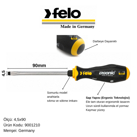 Felo Ergonic Somunlu Darbeli Tornavida 4,5x90 9001210