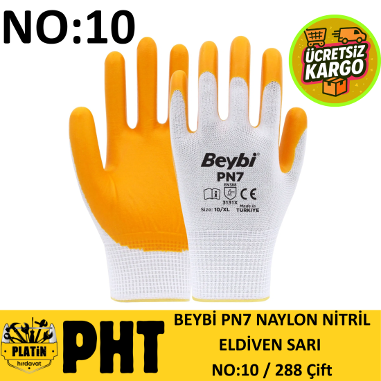Beybi Naylon Nitril Eldiven No:10 ( 288 Çift ) PN7 Beyaz-Sarı