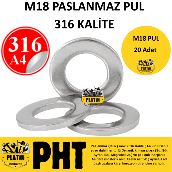 PHT 316 Kalite Paslanmaz Krom Pul M18 ( 20 Adet ) plt2800031618