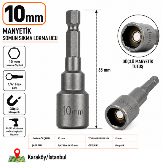 PHT 10 mm Manyetik Somun Sıkma Lokma Ucu 65 mm 1/4" Hex Şaftlı PLT28000649
