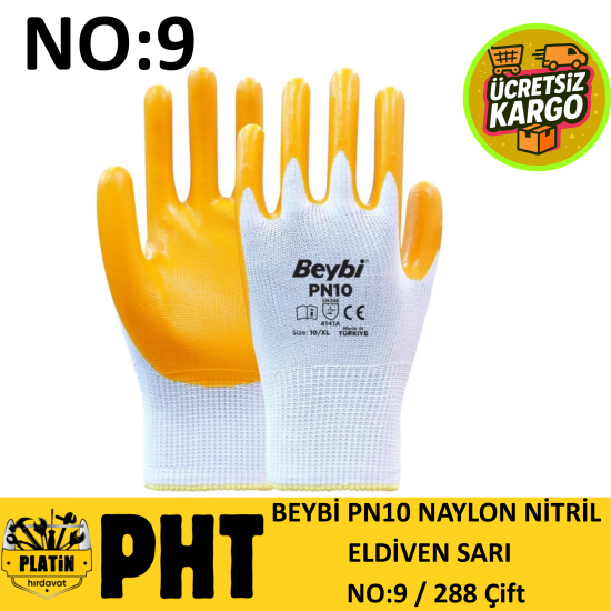Beybi Naylon Nitril Eldiven No:9 ( 288 Çift ) PN10 Beyaz-Sarı