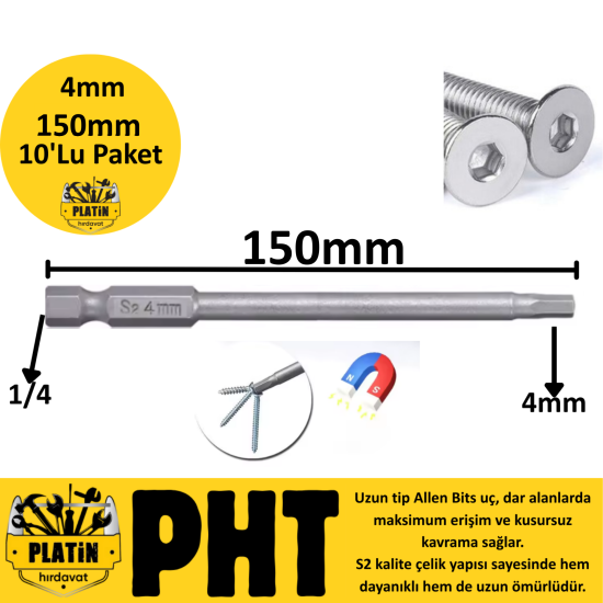 PHT Allen Bits Uç Uzun Boy Hex 4mm X 150mm PLT280095 ( 10 Adet )