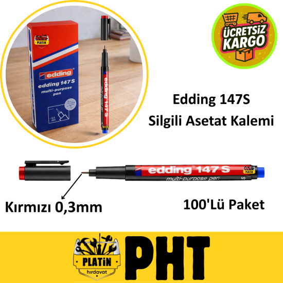 Edding 147S Silgili Asetat Kalemi Kırmızı Uç 0,3mm ( 100 Adet ) PLT28000029