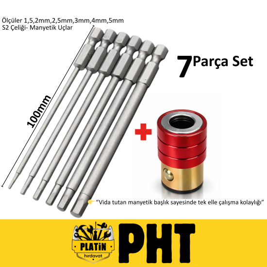 PHT Uzun Bits Allen Uç Seti + Manyetik Adaptör 1,5mm,2mm,2,5mm,3mm,,4mm,5mm Boy 100mm ( 7 Parça Set )