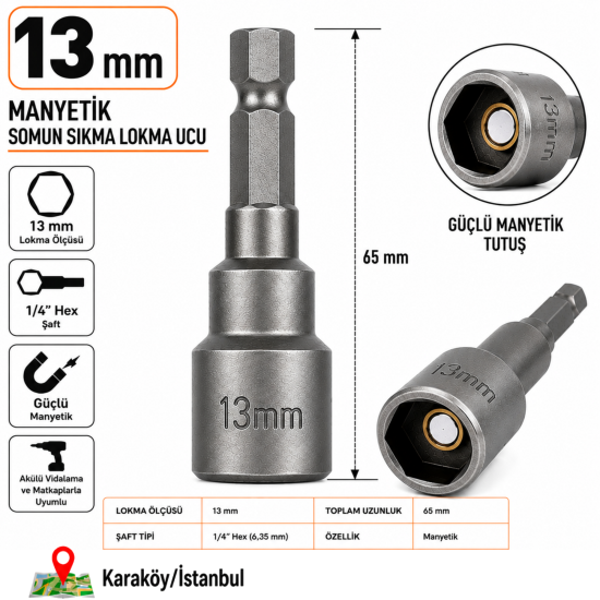 PHT 13 mm Manyetik Somun Sıkma Lokma Ucu 65 mm 1/4" Hex Şaftlı PLT28000652