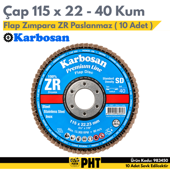 Karbosan Premium Line ZR Flap Zımpara 40 Kum 115 x 22 mm ( 10 Adet ) 983450