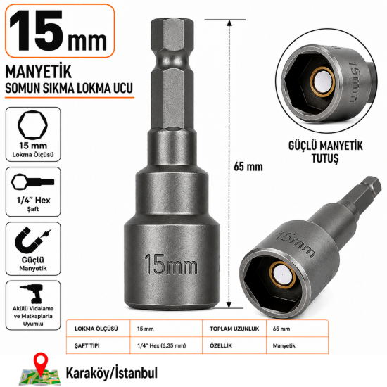 PHT 15 mm Manyetik Somun Sıkma Lokma Ucu 65 mm 1/4" Hex Şaftlı PLT28000654
