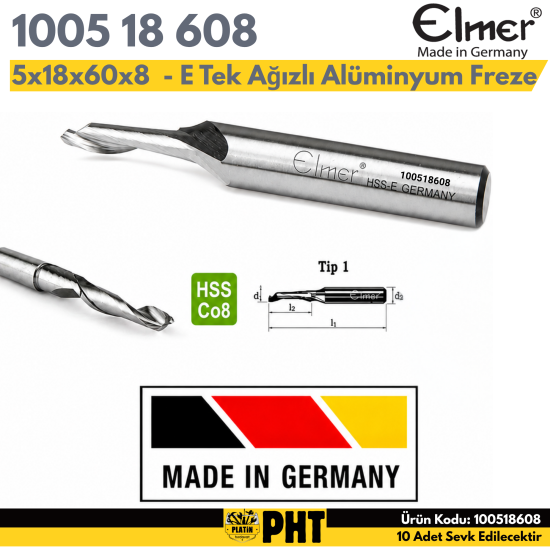 Elmer 5x18x60x8 Hss - E Tek Ağızlı Alüminyum Freze 100518608