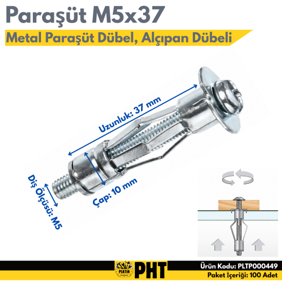 PHT Paraşüt Tipi Çelik Dubel Alçıpan Dübeli 5x37 ( 100 Adet ) PLTP000449