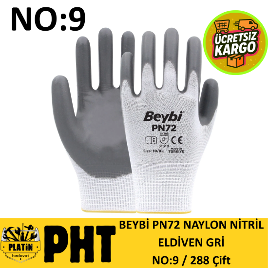 Beybi Naylon Nitril Eldiven No:9 ( 288 Çift ) PN72 Beyaz-Gri