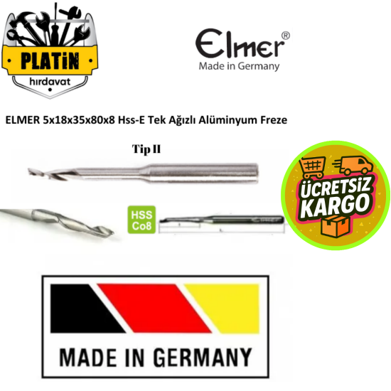Elmer 5x18x35x80x8 Hss - E Tek Ağızlı Alüminyum Freze 251835808