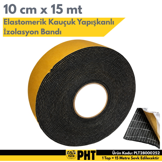Kauçuk Bant 10cm Genişlik 15 Metre Uzunluk Elastomerik Arkası Kendinden Yapışkanlı Rulo Izolasyon Halı