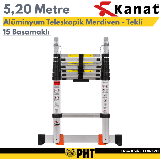 Kanat TTM-520 Alüminyum Teleskopik Merdiven 5,20 Metre 15 Basamaklı Tekli