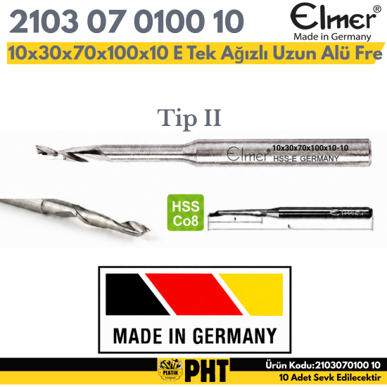 Elmer 10x30x70x100x10 Hss - E Tek Ağızlı Alüminyum Freze 2103070100 10