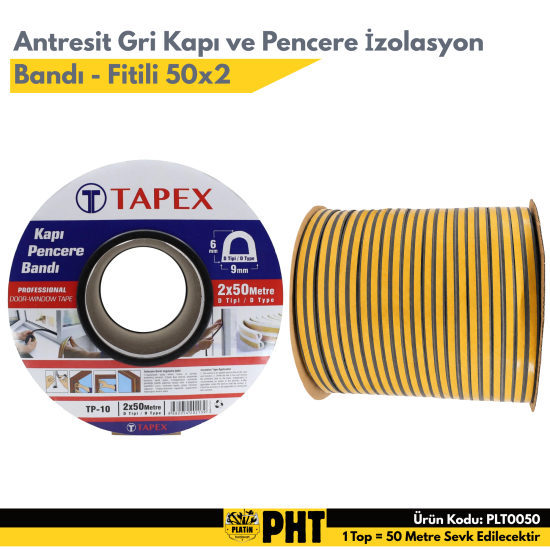 Tapex Kapı ve Pencere İzolasyon Bandı - Fitili 50x2 = 100 Metre Antresit Gri 8-li Paket