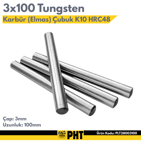 Tungsten Karbür Elmas Çubuk K10 Kalite 3mm x 100mm