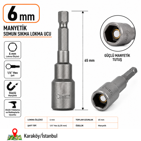 PHT 6x65mm Manyetik Somun Sıkma Lokma Ucu 1/4" Hex Şaftlı PLT28000645