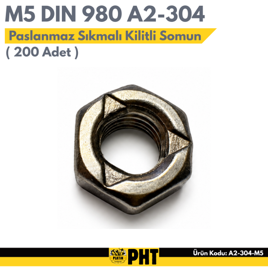 M5 DIN 980 A2-304 Paslanmaz Sıkmalı Kilitli Somun ( 200 Adet )