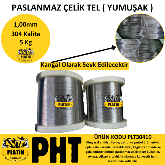 304 Kalite Paslanmaz Çelik Tel 1,00mm ( Yumuşak Parlak ) 5 Kg