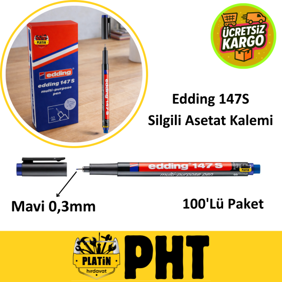 Edding 147S Silgili Asetat Kalemi Mavi Uç 0,3mm ( 100 Adet ) PLT28000030
