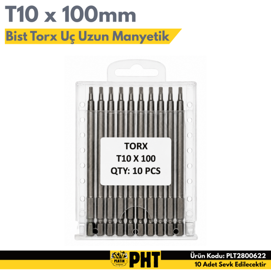 PHT Bist Torx Uç Uzun Manyetik T10x100mm ( 10 Adet ) PLT2800622