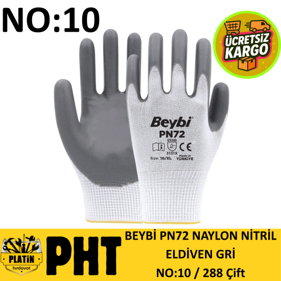 Beybi Naylon Nitril Eldiven No:10 ( 288 Çift ) PN72 Beyaz-Gri