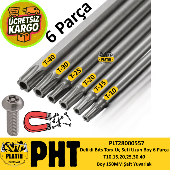 PHT Delikli Bıts Torx Uç Seti Uzun Boy 150MM 6 Parça T10,15,20,25,30,40 PLT28000557