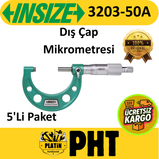 Insize 3203-50A Dış Çap Mikrometresi 0-50 mm / 0,01 ( 5 Adet )