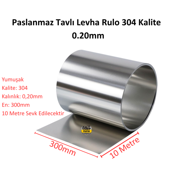 PHT Paslanmaz Tavlı Levha Rulo 304 Kalite Kalınlık 0,20mm X En 300mm ( 10 Metre ) PLT2800441
