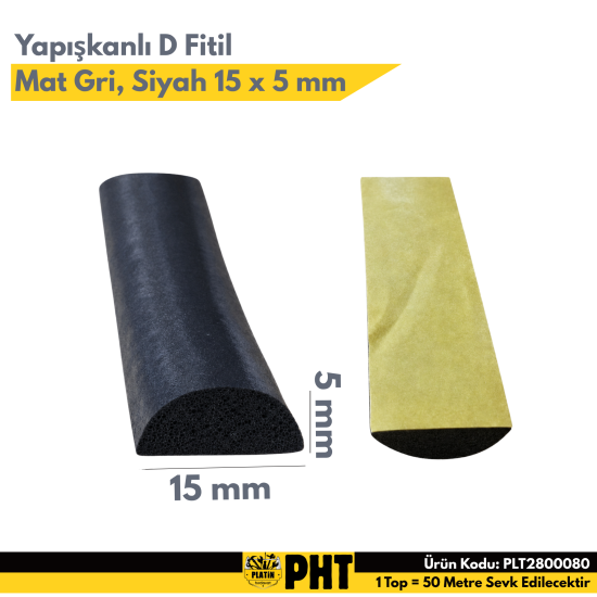 Mat Gri Yapışkanlı D Fitil Mat Gri 15mm 50 Metre 