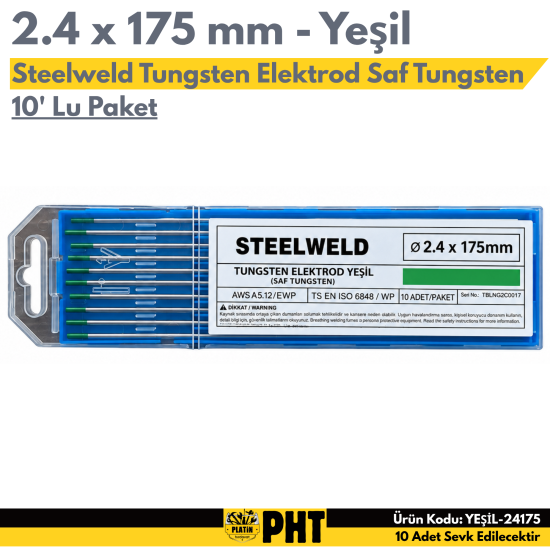 Steelweld Tungsten Elektrod Yeşil 2.4 x 175 mm Saf Tungsten ( 10 Adet )