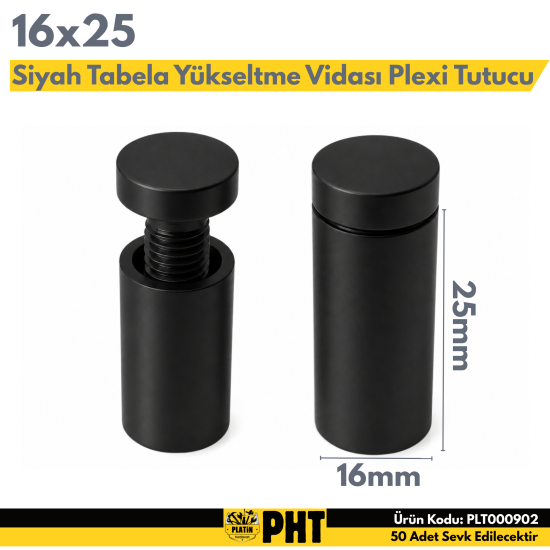 Tabela Yükseltme Vidası Plexi Tutucu Siyah Renk 16x25