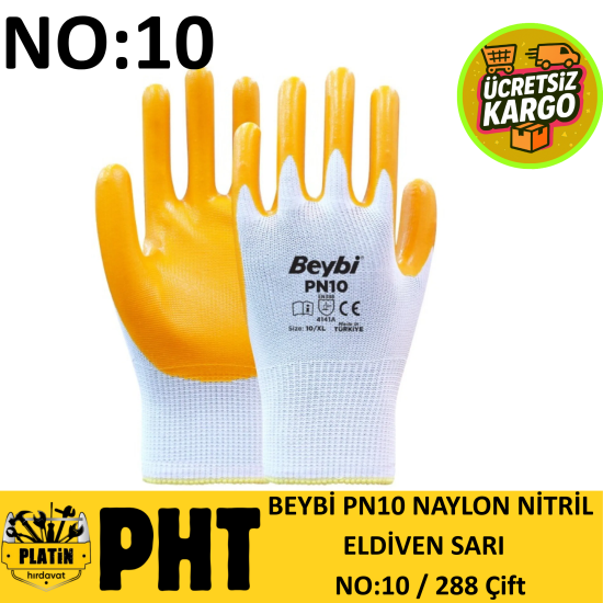 Beybi Naylon Nitril Eldiven No:10 ( 288 Çift ) PN10 Beyaz-Sarı