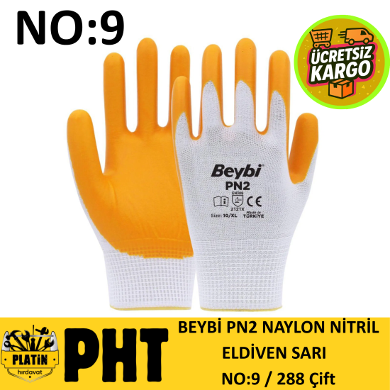 Beybi Naylon Nitril Eldiven No:9 ( 288 Çift ) PN2 Beyaz-Sarı