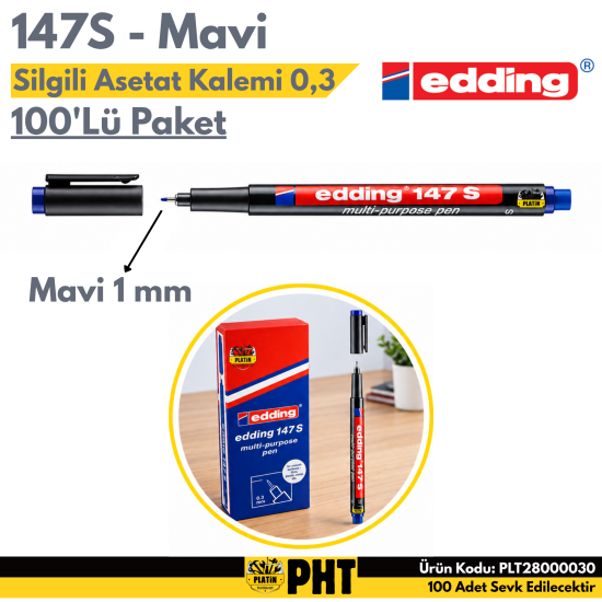 Edding 147S Silgili Asetat Kalemi Mavi Uç 0,3mm ( 100 Adet ) PLT28000030