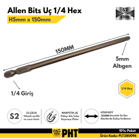 PHT Allen Bits Uç Uzun Boy Hex 5mm X 150mm ( 10 Adet ) PLT280096 