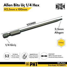 PHT Allen Bits Uç Uzun Boy Hex 2,5mm X 100mm PLT280073 ( 10 Adet )
