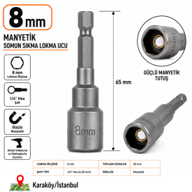 PHT 8 mm Manyetik Somun Sıkma Lokma Ucu 65 mm 1/4